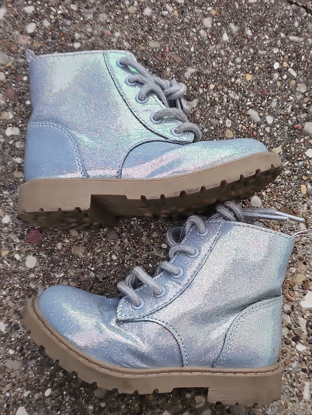 Old Navy Iridescent Silver Glitter Shimmer  Holographic Lace-Up Combat Boots 8